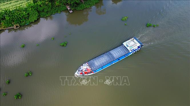 Hoạt động khai thác vận tải thủy trên sông Vàm Cỏ Đông đáp ứng nhu cầu vận chuyển nguyên liệu, nông sản và hàng hóa phục vụ sản xuất, kinh doanh. Ảnh: Giang Phương - TTXVN