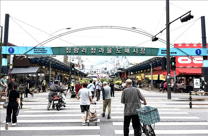 Cổng vào khu chợ Cheongnyangni, một quần thể chợ truyền thống nổi tiếng ở phía Đông thủ đô Seoul, nơi lưu giữ nét văn hóa mua bán lâu đời và là đầu mối cung ứng thực phẩm quan trọng của Hàn Quốc. Ảnh: Nhật Hưng (PV TTXVN tại Hàn Quốc)