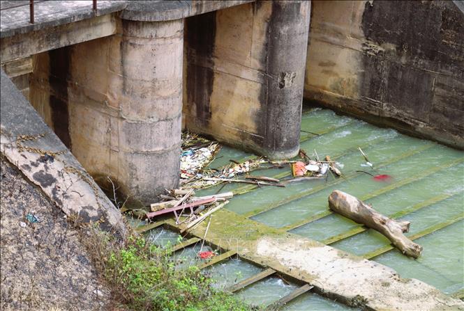 Vô số các loại rác thải bị mắc kẹt tại cống Hiệp Hòa (xã Văn Hiến, Nghệ An) trên sông Đào, cản trở dòng chảy và tiềm ẩn nguy cơ ô nhiễm nguồn nước từ thượng nguồn. Ảnh: Xuân Tiến - TTXVN 