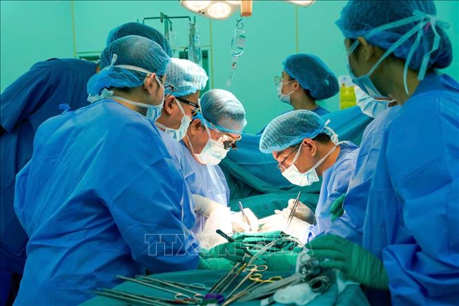Các bác sĩ Bệnh viện Đại học Y dược Thành phố Hồ Chí Minh tiến hành ghép thận cho người bệnh suy thận giai đoạn cuối từ thận hiến tặng. Ảnh: TTXVN phát