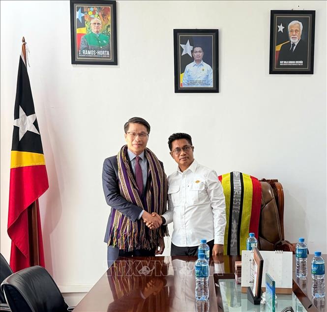 Đại biện Việt Nam tại Timor-Leste Phạm Bình Đàm và Phó Thủ tướng Timor – Leste, Mariano Assanami Sabino. Ảnh: TTXVN phát

