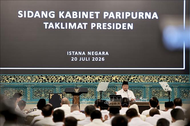 
Tổng thống Indonesia Prabowo Subianto phát biểu tại phiên họp. Ảnh: Đỗ Quyên – PV TTXVN tại Indonesia 
