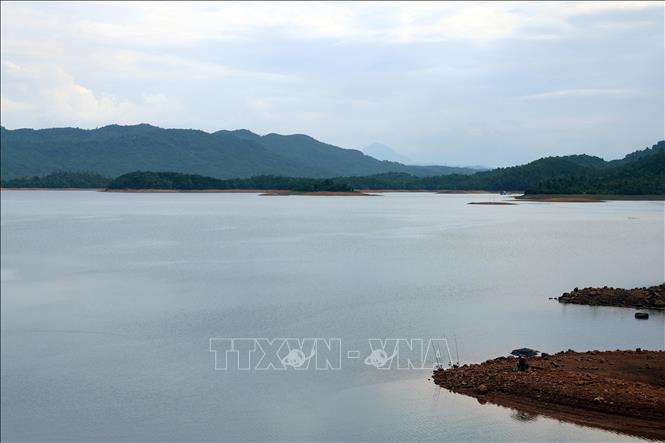 Nguồn nước sụt giảm mạnh tại lòng hồ Phú Ninh (Đà Nẵng). Ảnh: Đỗ Trưởng - TTXVN