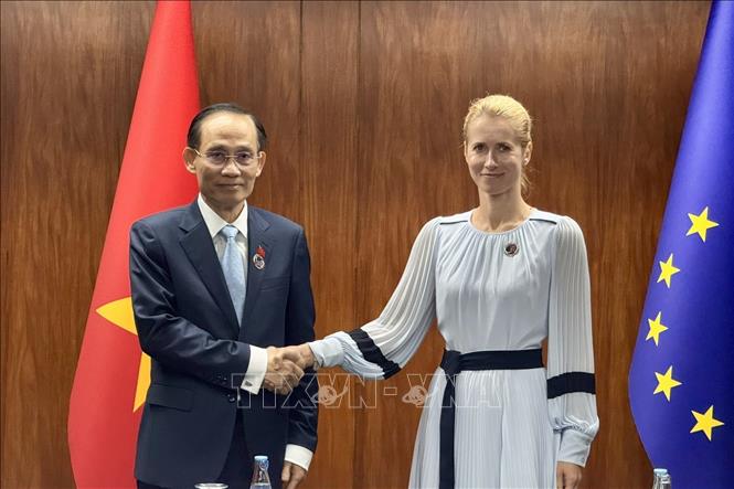 Bộ trưởng ngoại giao Lê Hoài Trung và bà Kaja Kallas, Phó Chủ tịch Ủy ban châu Âu, Đại diện cấp cao EU về chính sách đối ngoại và an ninh. Ảnh: Việt Dũng  Pv TTXVN từ Philippines