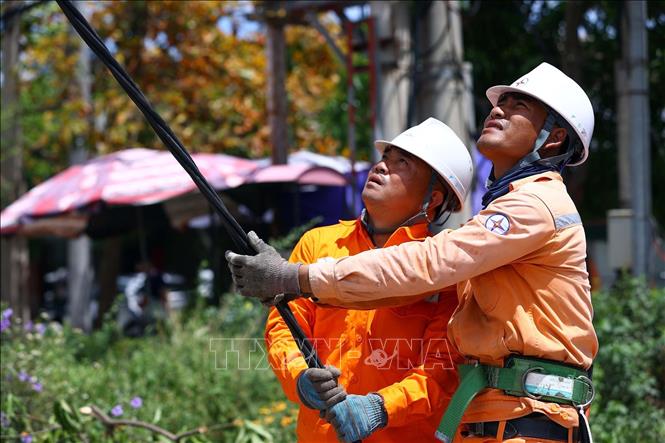 Công nhân Điện lực Cửa Lò (PC Nghệ An) thi công kéo dây cấp điện cho khách hàng mới, góp phần mở rộng khả năng tiếp cận điện năng phục vụ phát triển sản xuất và đời sống. Ảnh: Huy Hùng - TTXVN