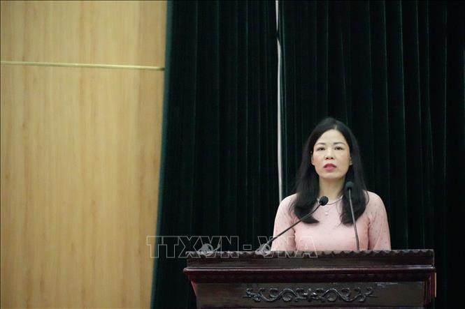 Bà Trần Thị Kim Dung, Phó Trưởng Ban Tuyên giáo và Dân vận Tỉnh ủy, Phó Trưởng Ban tổ chức cuộc thi phát biểu tại hội nghị. Ảnh: Hải Yến - TTXVN