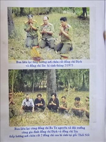 Bức ảnh phóng viên chụp lại từ cuốn album kỷ niệm những chuyến ông Triệu cùng đồng đội đi tìm hài cốt liệt sỹ. Ảnh: Thanh Vân- TTXVN