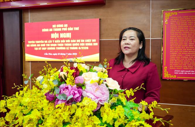 Bà Lê Thị Thanh Lam, Ủy viên Ban Chấp hành đảng bộ thành phố, Phó Trưởng đoàn Đoàn đại biểu Quốc hội thành phố Cần Thơ phát biểu ý kiến. Ảnh: Nguyễn Văn Việt - TTXVN
