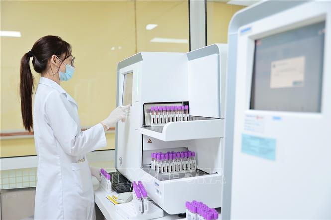 Hệ thống máy đếm tế bào máu để đánh giá thiếu máu, các bệnh lý bạch cầu, hạ tiểu cầu của bệnh nhân. Ảnh: Minh Quyết – TTXVN