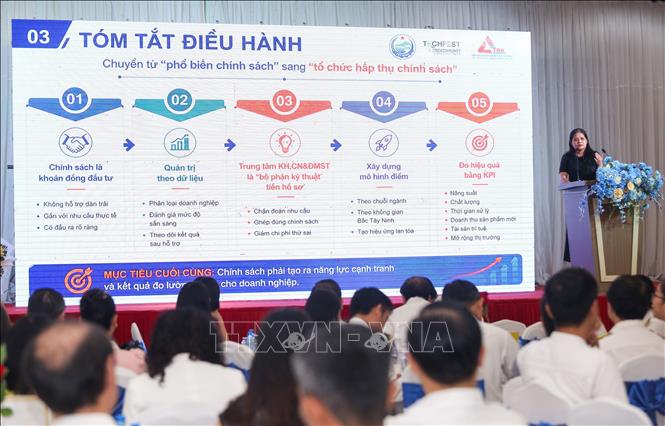 Đại diện chuyên gia trao đổi về định hướng phát triển, cơ hội đầu tư và các giải pháp thúc đẩy ứng dụng khoa học, công nghệ, đổi mới sáng tạo, chuyển đổi số trong cộng đồng doanh nghiệp Tây Ninh. Ảnh: Giang Phương – TTXVN