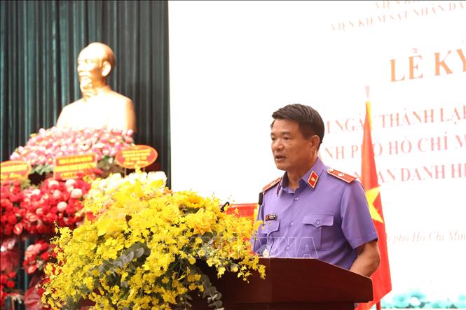 Ông Nguyễn Huy Tiến, Ủy viên Trung ương Đảng, Viện trưởng Viện Kiểm sát nhân dân tối cao, phát biểu tại buổi lễ. Ảnh: Hồng Đạt - TTXVN