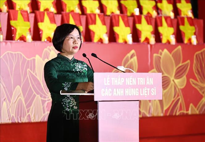Đồng chí Bùi Huyền Mai, Phó Chủ tịch Ủy ban Trung ương MTTQ Việt Nam, Chủ tịch Ủy ban MTTQ Việt Nam thành phố Hà Nội phát biểu. Ảnh: Minh Đức - TTXVN

