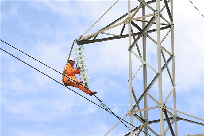 Vệ sinh sứ cách điện trên đường dây 110kV ở xã Hải Quang, tỉnh Ninh Bình. Ảnh: Vũ Sinh - TTXVN