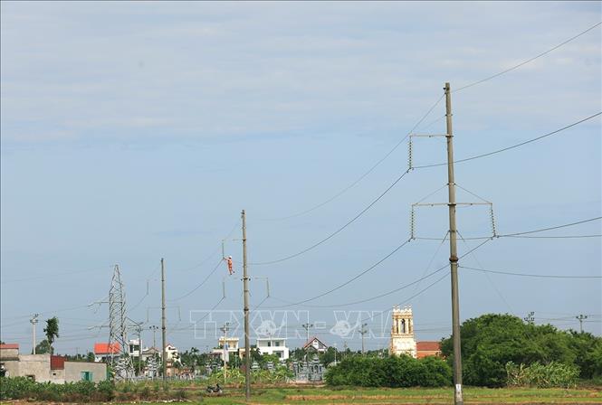 Vệ sinh sứ cách điện trên đường dây 110kV ở xã Hải Quang, tỉnh Ninh Bình. Ảnh: Vũ Sinh - TTXVN