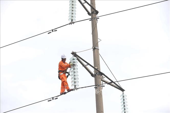 Vệ sinh sứ cách điện trên đường dây 110kV ở xã Hải Quang, tỉnh Ninh Bình. Ảnh: Vũ Sinh - TTXVN