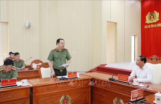 Giám đốc Công an tỉnh Lai Châu, Đại tá Bùi Quyết Toán phát biểu tại buổi lễ. Ảnh: Quý Trung - TTXVN