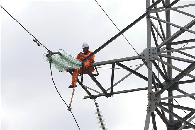 Công tác chuẩn bị để thực hiện vệ sinh sứ cách điện trên đường dây 110kV ở xã Hải Quang, tỉnh Ninh Bình. Ảnh: Vũ Sinh - TTXVN