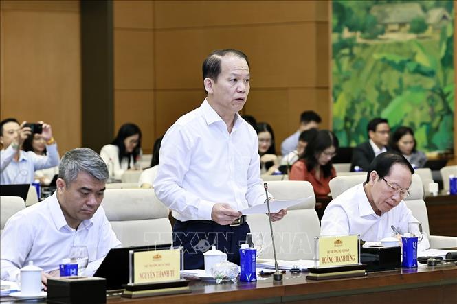 Bộ trưởng Bộ Tư pháp Hoàng Thanh Tùng thuyết trình về nội dung cơ bản của dự thảo. Ảnh: Doãn Tấn - TTXVN