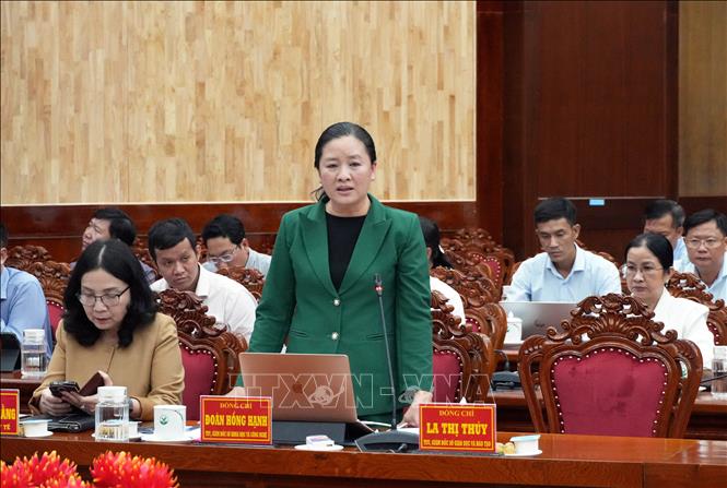 Giám đốc Sở Khoa học và Công nghệ tỉnh Vĩnh Long Đoàn Hồng Hạnh phát biểu tại hội nghị. Ảnh: Phạm Minh Tuấn-TTXVN.