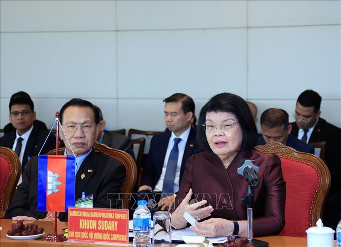 Chủ tịch Quốc hội Campuchia Samdech Khuon Sudary phát biểu. Ảnh: Tuấn Anh - TTXVN