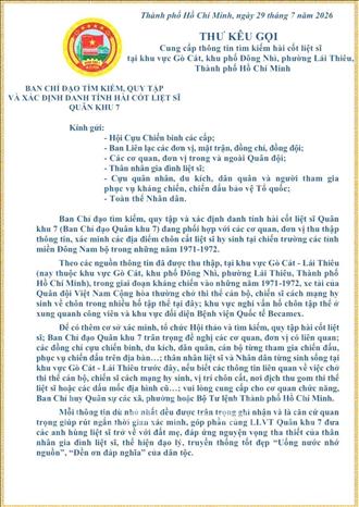 Thư kêu gọi cung cấp thông tin tìm kiếm hài cốt liệt sĩ tại Lái Thiêu. Ảnh: Liên Sơn - TTXVN 