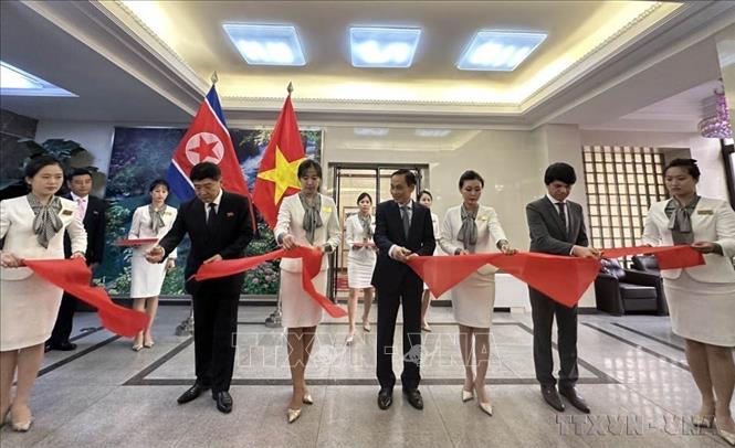 Đồng chí Lê Hoài Trung, Đặc phái viên của Tổng Bí thư, Chủ tịch nước Tô Lâm, Bộ trưởng Bộ Ngoại giao (giữa), Thứ trưởng Ngoại giao Triều Tiên Pak Sang Gil (trái) và Đại sứ Việt Nam tại Triều Tiên Lê Bá Vinh cắt băng khai mạc Triển lãm ảnh về quan hệ Việt Nam – Triều Tiên (15/05/2026). Ảnh: Đỗ Sinh – TTXVN