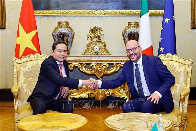 Chủ tịch Quốc hội Trần Thanh Mẫn hội đàm với Chủ tịch Hạ viện Italy Lorenzo Fontana trong chương trình thăm chính thức Cộng hòa Italy ([15/04/2026). Ảnh: Doãn Tấn – TTXVN