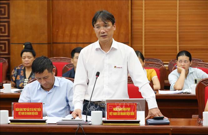 Lãnh đạo Ngân hàng Nông nghiệp và Phát triển nông thôn chi nhánh Điện Biên phát biểu tại Hội nghị. Ảnh: Trung Kiên - TTXVN