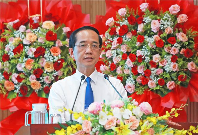 Phó Bí thư Tỉnh ủy, Chủ tịch Ủy ban Mặt trận Tổ quốc Việt Nam tỉnh Cà Mau Hồ Thanh Thủy phát biểu tại Hội nghị. Ảnh: Huỳnh Anh - TTXVN