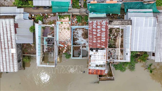 Dãy nhà 11 căn ven rạch Mang Cá, xã Đại Hải bị sạt lở, người dân phải di dời đi nơi khác. Ảnh: Thanh Liêm - TTXVN