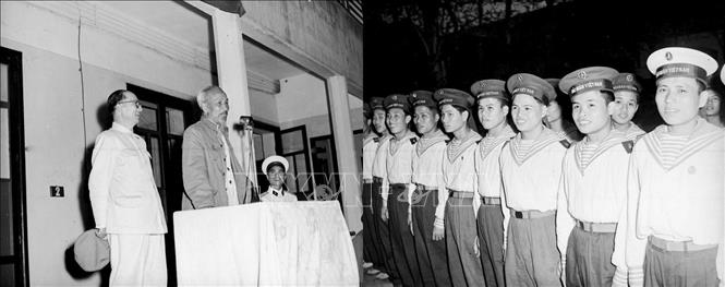 Với tầm nhìn chiến lược, Chủ tịch Hồ Chí Minh rất quan tâm đến vấn đề biển, đảo và lực lượng Hải quân. Những lời dạy bảo ân cần, sâu sắc của Người đã trở thành nhiệm vụ, phương châm xây dựng Hải quân nhân dân Việt Nam ngày càng lớn mạnh. Trong ảnh: Chủ tịch Hồ Chí Minh đến thăm và nói chuyện với bộ đội hải quân (1965). Ảnh: TTXVN