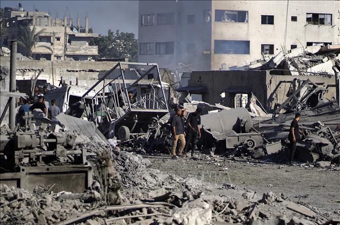 Cảnh đổ nát sau cuộc không kích của Israel tại Gaza. Ảnh: THX/TTXVN phát