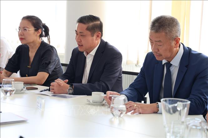 Ông Phan Thái Bình (giữa), Trưởng đoàn công tác thành phố Đà Nẵng phát biểu tại buổi làm việc. Ảnh: Trần Hòa – PV TTXVN tại Cộng hòa Séc