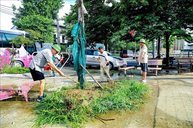 Người dân thôn Giao Tác tham gia phát quang cây cỏ, vệ sinh khu vực công cộng hưởng ứng Chiến dịch “100 ngày hành động vì Thư Lâm phát triển - Vì hạnh phúc của Nhân dân”. Ảnh: Trung Nguyên - TTXVN