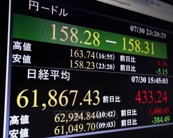 Tỷ giá giữa đồng USD và đồng yen được niêm yết tại Tokyo (Nhật Bản) ngày 30/7/2026. Ảnh: Kyodo/TTXVN phát