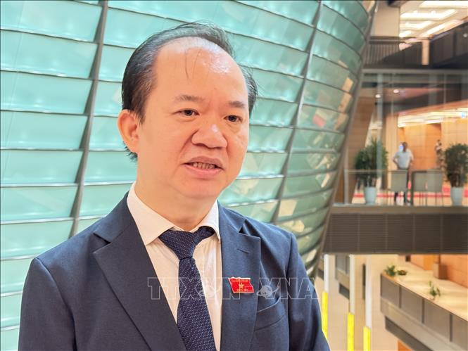 Đại biểu Bùi Hoài Sơn, Ủy viên Thường trực Ủy ban Văn hóa, Giáo dục của Quốc hội, trả lời phỏng vấn. Ảnh: Hải Ngọc - TTXVN