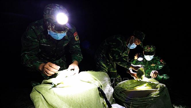 Lực lượng Bộ đội Biên phòng tỉnh Tây Ninh kiểm tra, phát hiện và ngăn chặn các vụ vận chuyển hàng cấm qua biên giới. Ảnh: Giang Phương - TTXVN