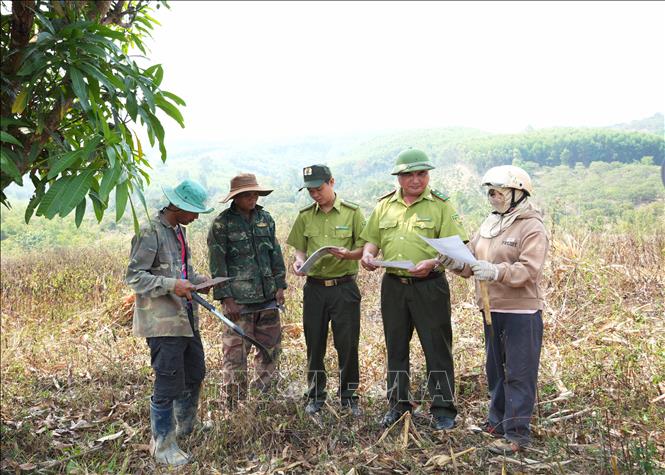 Lực lượng Kiểm lâm khu vực Krông Bông tuyên truyền người dân nâng cao ý thức bảo vệ rừng. Ảnh: Tuấn Anh – TTXVN