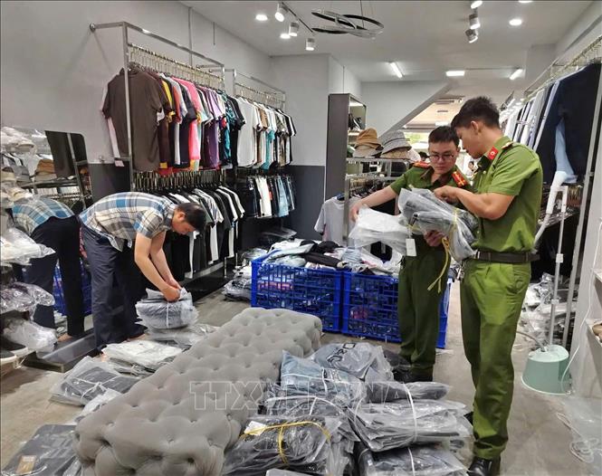 Lực lượng chức năng kiểm tra hàng hóa vi phạm. Ảnh: TTXVN phát