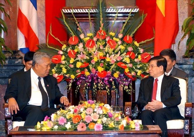 Chủ tịch nước Nguyễn Minh Triết tiếp Thủ tướng Thái Lan Samak Sundaravej trong chuyến thăm chính thức Việt Nam (24/3/2008). Ảnh: Nhan Sáng - TTXVN