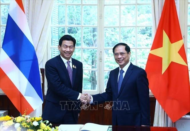 Bộ trưởng Ngoại giao Bùi Thanh Sơn hội đàm với Phó Thủ tướng, Bộ trưởng Ngoại giao Vương quốc Thái Lan Parnpree Bahiddha-Nukara  trong chuyến thăm chính thức Việt Nam (Hà Nội, 26/10/2023). Ảnh: Lâm Khánh - TTXVN