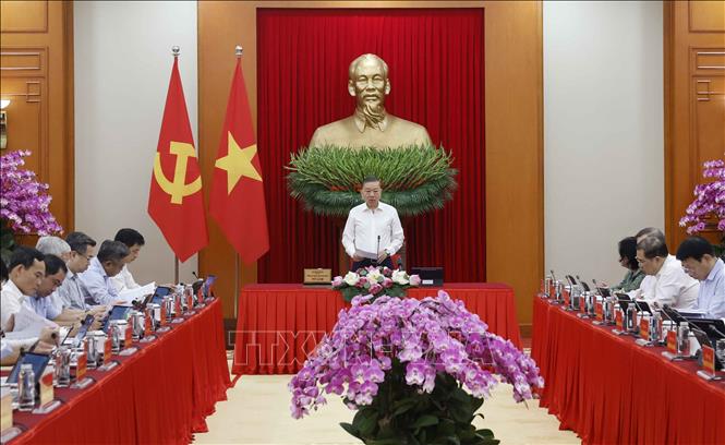 Tổng Bí thư, Chủ tịch nước Tô Lâm, Trưởng Ban Chỉ đạo Trung ương về tổng kết thực tiễn và nghiên cứu sửa đổi, bổ sung Điều lệ Đảng phát biểu chỉ đạo. Ảnh: Thống Nhất - TTXVN