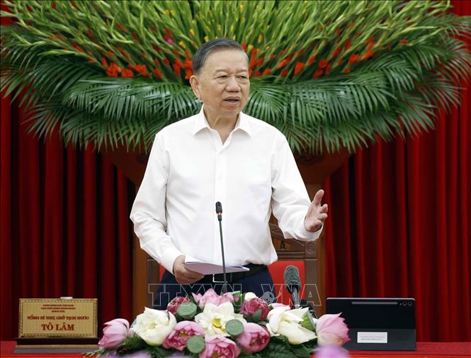 Tổng Bí thư, Chủ tịch nước Tô Lâm, Trưởng Ban Chỉ đạo Trung ương về tổng kết thực tiễn và nghiên cứu sửa đổi, bổ sung Điều lệ Đảng phát biểu chỉ đạo. Ảnh: Thống Nhất - TTXVN