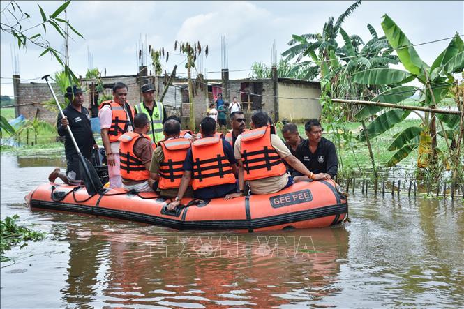 Lực lượng cứu hộ làm nhiệm vụ tại vùng ngập lụt ở Panbesa, thành phố Sivasagar, bang Assam, Ấn Độ ngày 4/8/2026. Ảnh: ANI/TTXVN 