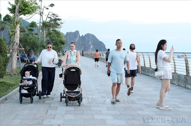 Khách du lịch quốc tế tản bước trên vỉa hè đường Trần Quốc Nghiễn và có thể ngắm nhìn Di sản Vịnh Hạ Long. Tuyến đường bao biển Trần Quốc Nghiễn trở thành điểm nhấn ấn tượng cho du khách mỗi khi đến Hạ Long. Ảnh: Quốc Khánh - TTXVN