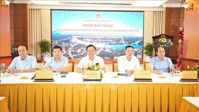 Lãnh đạo thành phố Huế chủ trì buổi đối thoại với doanh nghiệp. Ảnh: Văn Dũng - TTXVN