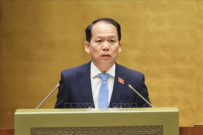 Bộ trưởng Bộ Tư pháp Hoàng Thanh Tùng, thừa ủy quyền của Thủ tướng Chính phủ trình bày Tờ trình về dự án Luật Phát triển đô thị. Ảnh: Doãn Tấn - TTXVN