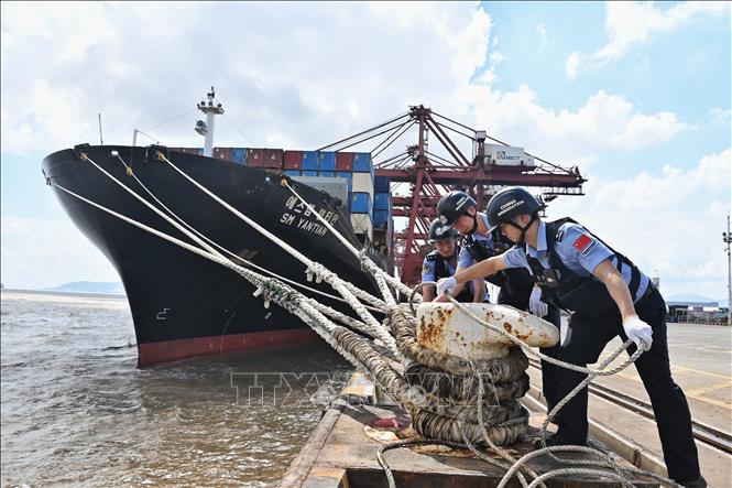 Kiểm tra dây neo của tàu thuyền trước khi bão Dolphin đổ bộ tại thành phố Ninh Ba, tỉnh Chiết Giang, miền Đông Trung Quốc, ngày 7/8/2026. Ảnh: THX/TTXVN phát