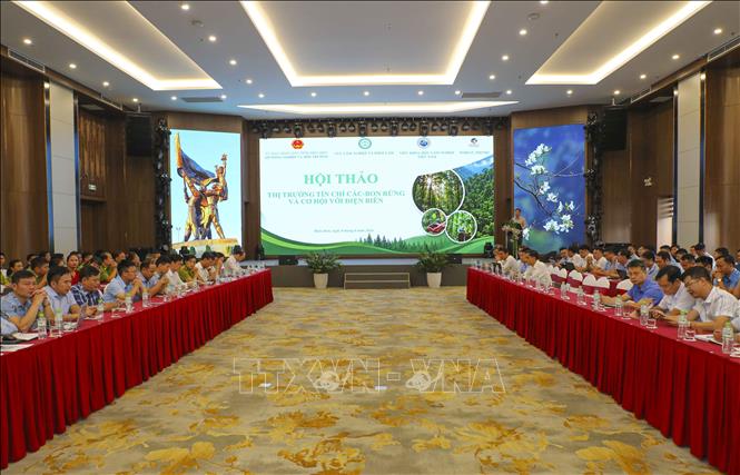 Quang cảnh Hội thảo “Thị trường tín chỉ các-bon rừng và cơ hội với Điện Biên”. Ảnh: Xuân Tư - TTXVN