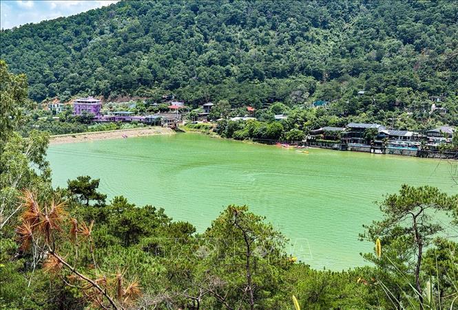 Toàn cảnh hồ Đồng Đò nhìn từ cánh rừng phòng hộ vào sáng 8/8/2026. Ảnh: Trung Nguyên - TTXVN